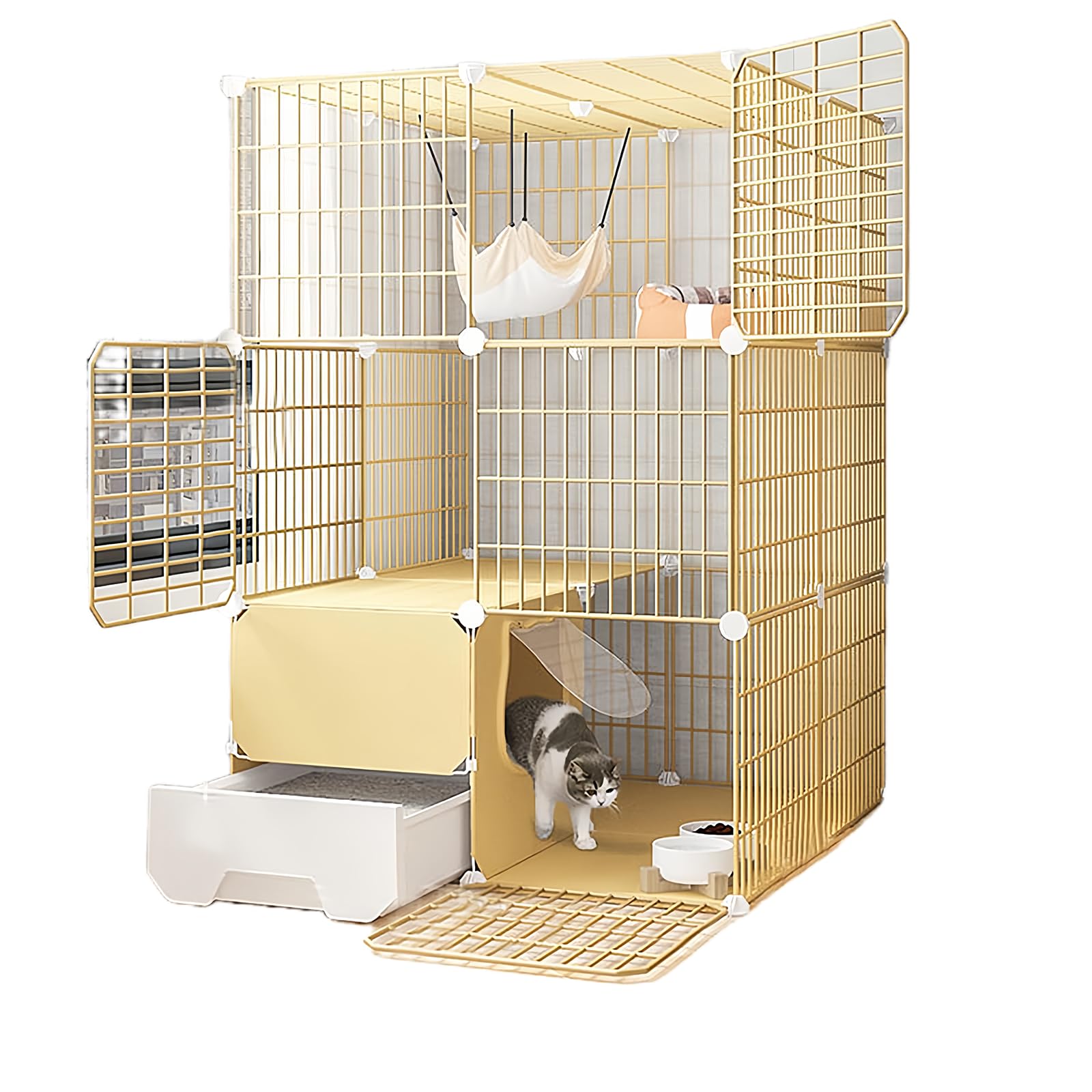 猫 ケージ キャットケージ 猫 ケージ トイレ付き 2/3段 猫ゲージ ワイド扉 多頭飼い 脱走防止 留守番 保護 脱走防止 多頭飼い 多頭 ス組み立て簡単 掃除しやすい 飛散軽減(イエロー3段 75*49*109cm)