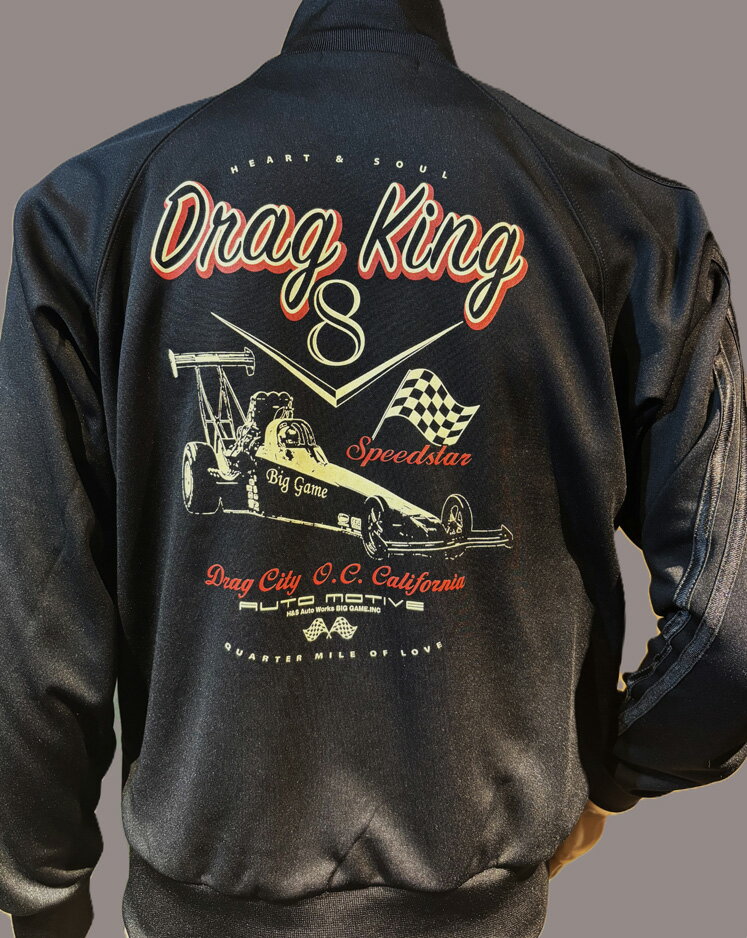 トラックジャケット ドラッグレース ハーレー バイカー アメ車 HOTROD アメカジ ホットロッド スカル ドクロ チョッパー サイドバルブ ナックル パン ショベル エボ ストリート ロックンロール ピンストライプ ドラッグレース メンズ レディース "Drag King"