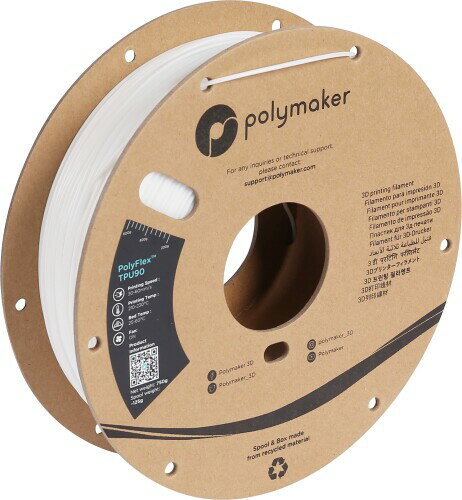 Polymaker PolyFlex TPU90 3Dプリンターフィラメント ショア 90A 1.75mm径(750g)ホワイト 推奨プリント温度:210 ? 230 °C 推奨プリント速度:30 ? 60 mm/s 推奨ヒートベッド温度: 室温〜 45 °C ショア硬度90A、優れた柔軟性 説明 PolyFlex TPU90は、Covestro社のAddigyシリーズから開発されたフィラメントです。 ショア硬度は90Aであり、優れた柔軟性を持っていて、紫外線耐性も優れています。 特徴 ショア硬度90A、優れた柔軟性 優れた耐摩耗性 油やグリースに対する耐性 プリントしやすさ 商品コード34067861033商品名Polymaker PolyFlex TPU90 3Dプリンターフィラメント ショア 90A 1.75mm径(750g)ホワイト型番PD02002サイズ1.75mmカラーホワイト※他モールでも併売しているため、タイミングによって在庫切れの可能性がございます。その際は、別途ご連絡させていただきます。※他モールでも併売しているため、タイミングによって在庫切れの可能性がございます。その際は、別途ご連絡させていただきます。