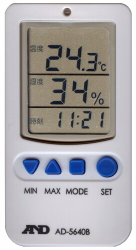 A&D 温湿度計 AD-5640B 温度測定範囲:0~ 50.0[度] 温度の最小表示:0.1[度] 温度測定精度:±1[度](10.0~39.9[度])、±2[度](0~9.9[度]、40.0~50.0[度]) 湿度測定範囲:20 ~ 90%RH 湿度最小表示:1%RH ■温度、湿度、時刻を一覧表示します。 ■温度と湿度の上限下限アラーム付き温湿度計。 ■キーロックができる ブザー音のON/OFF可能。 ■温度、湿度の上限と下限アラーム機能。 ■温度、湿度、時刻の一覧表示。 ■LEDランプとブザーでアラームをお知らせ。 ■温度、湿度の最高、最低表示。 ■壁掛け、卓上2通りの設置が可能です。 商品コード34050759071商品名A&amp;D 温湿度計 AD-5640B型番AD-5640Bカラーホワイト※他モールでも併売しているため、タイミングによって在庫切れの可能性がございます。その際は、別途ご連絡させていただきます。※他モールでも併売しているため、タイミングによって在庫切れの可能性がございます。その際は、別途ご連絡させていただきます。