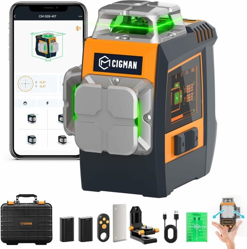 CIGMAN スマート施工モデル 4WAYスマート操作レーザー墨出し器 ±1.5mm高精度 高輝度 3Dグリーンレーザー 頻閃モード CM-S05