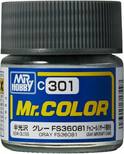GSI クレオス(GSI Creos) GSIクレオス Mr.カラー 飛行機模型用カラー グレーFS36081 半光沢 10ml 模型用塗料 C301 容量:10ml Mr.カラーで塗装する際は、適宜Mr.カラー用うすめ液で薄める必要があります エアブラシ塗装をする場合は、塗料の粘度に合わせて、塗料1:うすめ液最大2の割合を目安に希釈して下さい Mr.カラー、Mr.カラーGX以外の他の模型用塗料と混ぜてご利用することは出来ません ABS樹脂パーツに塗装した場合、樹脂に塗料が浸透して、パーツが脆(もろ)くなり、割れたりすることがあります。 説明 商品紹介 GSIクレオス 「Mr.カラー 飛行機模型用カラー グレーFS36081 半光沢 10ml」 模型用塗料です。 飛行機用の特色カラーシリーズです。 C351~385までは特色カラーセットを単品化したものです。 ■Mr.カラーで塗装する際は、適宜Mr.カラー用うすめ液で薄める必要があります。Mr.カラー用うすめ液は、Mr.カラーを使用した筆、およびエアブラシの洗浄にも使用することができます。 ■水性塗料に比べ、塗料粘度が高めです。筆塗りをする場合、塗りにくい場合は、Mr.カラーうすめ液を添加してください。(目安　塗料:うすめ液=1:最大1程度) また、専用のMr.リターダーマイルドを数滴混ぜる乾燥速度が低下し、筆ムラを軽減することができます。 ■エアブラシ塗装をする場合は、塗料の粘度に合わせて、塗料1:うすめ液最大2の割合を目安に希釈して下さい。エアブラシを使用する際は一度に塗るのではなく、1回目は全体を軽く塗装するにとどめ、2、3回目に分けて薄く重ね塗りしてください。 ■光沢系のMr.カラーは、C30フラットベースによって光沢度を調整することができます。半光沢仕上げにする場合は、塗料の5~10%程フラットベースを混ぜます。 また、塗料の10~20%程フラットベースを混ぜるとつや消し仕上がりになります。フラットベースの割合を調整することで、様々な光沢度に調整することができます。 注意: ■有機溶剤を含む塗料です。使用中 ■使用後はよく換気を行ってください。 ■Mr.カラー、Mr.カラーGX以外の他の模型用塗料と混ぜてご利用することは出来ません。 ※ABS樹脂パーツに塗装した場合、樹脂に塗料が浸透し、パーツが脆くなり、割れたりすることがあります。組立説明書やパーツランナーの表示をよく確認していただき、「ABS樹脂パーツ」への塗装は避けてください。 ※この商品はホビー用の塗料です。別途、工具等はご用意ください。 ※本商品以外(接着剤、工具、電池等)は含まれません。 容量:10ml 安全警告 火気厳禁 商品コード34066559221商品名GSI クレオス(GSI Creos) GSIクレオス Mr.カラー 飛行機模型用カラー グレーFS36081 半光沢 10ml 模型用塗料 C301型番C301サイズ10mlカラーグレー※他モールでも併売しているため、タイミングによって在庫切れの可能性がございます。その際は、別途ご連絡させていただきます。※他モールでも併売しているため、タイミングによって在庫切れの可能性がございます。その際は、別途ご連絡させていただきます。