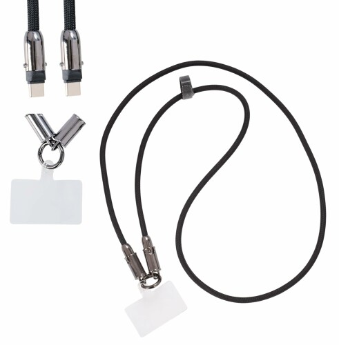 エツミ スマホストラップ 携帯ストラップ 2in1 ケーブルストラップ Type-C ロープ タイプ スマホホルダーシート付 ブラック VE-7736