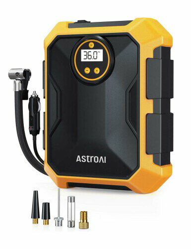 AstroAI エアコンプレッサー 車の空気入れ 自動車用 DC 12V 100PSI LEDライト付き 自動電源オフ リアルタイム画面 米式/仏式対応 自転車/車/ロードバイク/ボール/浮き輪/バイク/クロスバイク対