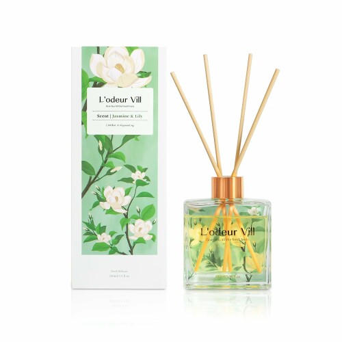 L'odeur Vill リードディフューザーセット/ジャスミン&リリー/3.38液量オンス (100ml)/1パック 6本のリードスティック/ホームフレグランスディフューザー、バスルームの棚の装飾用オイル香り