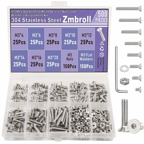 Zmbroll 500個 M3 x 4/6/8/10/12/14/16/20mm 皿頭ソケットキャップねじ 304ステンレススチールフラットヘッドネジ 全ねじメトリック小ネジ ボルト ワッシャーナット 詰め合わせキット