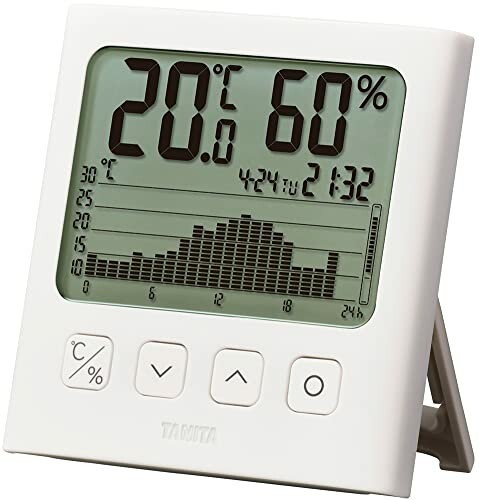 タニタ 温湿度計 時計 カレンダー 温度 湿度 デジタル グラフ付 ホワイト TT-580 WH 温湿度の変化を確認 サイズ:約幅10.7×奥行2.6×高さ11cm 素材・材質:ABS (アクリロニトリル・ブタジエン・スチレン) 、PMMA (ポリメタクリル酸メチル樹脂) 生産国:中国 本体重量(詳細):約176g (電池含む) セット内容・付属品:本体、取扱説明書(保証書付)、お試し用乾電池(単4形アルカリ乾電池×2本) 保証期間:1年間 スペック:温度/-9.9~50.0度 (0.1度単位) 、湿度/20~95% (1%単位) 、時計/24時間表示 (平均月差±60秒) 、カレンダー/日付・曜日表示、メモリー/当日含む7日間 電池が必要な商品です 説明 24時間の温湿度変化がわかるグラフ付きデジタル温湿度計 オートフィット機能で24時間の温湿度変化を見逃がさない。1日の温湿度変化に合わせて、グラフを自動でみやすく調整。変化が小さな日で大きな日でも、一目で確認できる 当日を含む、7日間のメモリー機能。記録されているすべての温湿度の変化にあわせてグラフを自動調整。同じ温度/湿度幅で日々の変化を確認できる 設定した快適範囲の同時表示で、理想の環境づくりをサポートする 商品コード34039141537商品名タニタ 温湿度計 時計 カレンダー 温度 湿度 デジタル グラフ付 ホワイト TT-580 WH 温湿度の変化を確認型番TT-580サイズ約幅10.7&times;奥行2.6&times;高さ11cmカラーホワイト※他モールでも併売しているため、タイミングによって在庫切れの可能性がございます。その際は、別途ご連絡させていただきます。※他モールでも併売しているため、タイミングによって在庫切れの可能性がございます。その際は、別途ご連絡させていただきます。