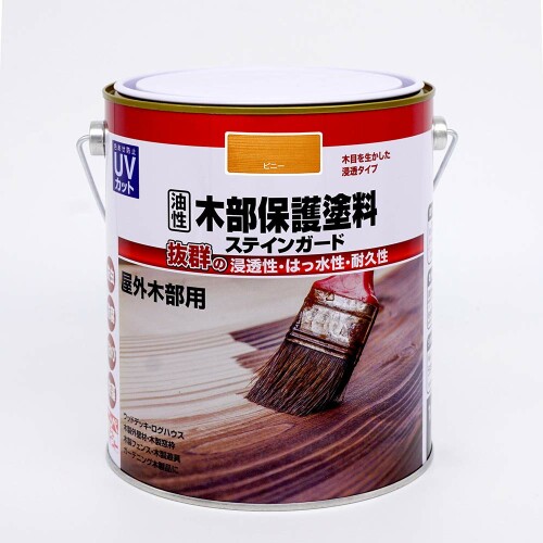 ニッペ(Nippe) ペンキ 塗料 油性木部保護塗料ステインガード 1.6L ピニー 油性 屋外 ステイン 日本製 4976124519901 容量:1.6L カラー:ピニー 塗り面積(2回塗り):約16平方メートル(タタミ約10枚分) 乾燥時間:夏(30[度])約4時間、冬(10[度])約6時間 紫外線(UV)や風雨から屋外の木部を長期間保護する油性塗料です。 木目を生かした半透明仕上げになります。 木の呼吸を生かすために、木材に浸透して表面に余分な塗膜をつくりません。 浸透性 ■はっ水性 ■耐久性に優れます。 防虫 ■防腐 ■防かび ■防藻効果があります。 日本建築学会S18M-307木材保護塗料塗り(WP)適合品です。 作業性と浸透性に優れる油性タイプで、本格的なログハウスなどに適しています。 商品コード34080783602商品名ニッペ(Nippe) ペンキ 塗料 油性木部保護塗料ステインガード 1.6L ピニー 油性 屋外 ステイン 日本製 4976124519901型番4976124519901サイズ1.6Lカラーピニー※他モールでも併売しているため、タイミングによって在庫切れの可能性がございます。その際は、別途ご連絡させていただきます。※他モールでも併売しているため、タイミングによって在庫切れの可能性がございます。その際は、別途ご連絡させていただきます。