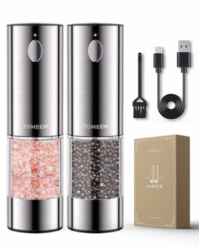 TOMEEM 電動ペッパーミル ステンレス鋼 ソルト・ペッパー 粗さ調整可 LED付き 66ml 2本組