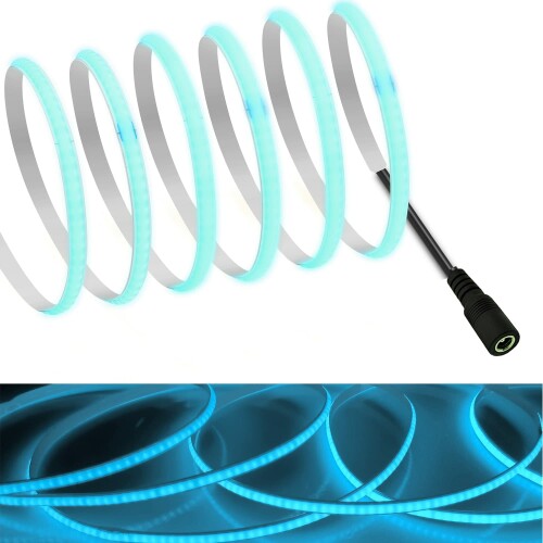COB テープライトLEDストリップライトフレキシブル 高密度 幅5mm 隠れたLEDテープライト1m 320LEDs/m アイスブルー DC12V 180°発光CRI>=90，両面テープ変形可能 切断可能 寝室 キッチンホーム オフ