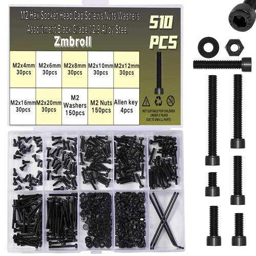 Zmbroll 510個 M2 ソケット キャップ ネジ メトリック 六角ボルト ナット ワッシャー 12.9 グレード 合金鋼 ネジ 六角穴付きヘッド キャップ 小型機械ねじキット レンチキー付き