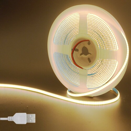 クリアヒル（Clearhill）5V 幅5mm COB LEDストリップライト 1M 温白色 3000K 400LEDs/M 8W/M、CRI90、800lm メッキ加工両面パネルライトストリップ 非防水IP20 1M USBスイッチケーブル DIY 家庭のインテリア
