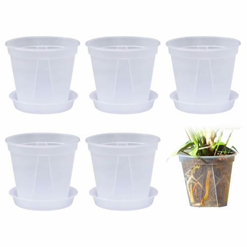 beyourchoi 植木鉢 透明 5個セット プラスチック 底皿付き 観葉植物 オーキッドポット スリット鉢 (12*11cm)