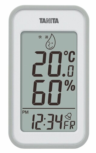 タニタ 温湿度計 大画面 一目で室内環境がわかる 時計 カレンダー アラーム 温度 湿度 デジタル 壁掛け 卓上 マグネット グレー TT-559 GY サイズ:D30×W75×H132mm /本体重量:約168g(電池含む) 素材・材質:本体/ABS(アクリロニトリル・ブタジエン・スチレン)樹脂、レンズ:PMMA(アクリル) 製造国:中国 表示内容:時計・日付・曜日・温度・湿度・最高・最低温度、最高・最低湿度・快適レベル(3段階)、アラーム 測定範囲:温度-5度~50度、湿度20~95%(表示:温度0.1度単位・湿度1%単位)、目盛単位:温度0.1度/湿度1% サイズ:縦3×横7.5×高さ13.2cm 本体重量:約168g(電池含む) 素材・材質:本体/ABS(アクリロニトリル・ブタジエン・スチレン)樹脂、レンズ:PMMA(アクリル) 製造国:中国 表示内容:時計・日付・曜日・温度・湿度・最高・最低温度、最高・最低湿度・快適レベル(3段階)、アラーム 測定範囲:温度-5度〜50度、湿度20〜95%(表示:温度0.1度単位・湿度1%単位) 電池寿命:約1年 説明 商品紹介 寝室やリビングの乾燥が気になる方に。 ■ひと目で部屋の状況(乾燥/快適/不快)がわかる、3段階の快適レベル表示。 ■本体背面にはマグネット、壁掛け穴がついているので、置き掛け自由。 ■目覚ましアラーム機能付き。 ■過去の最高 ■最低温湿度を表示する機能付いているので、お部屋の温湿度がどこまで高くなった(低くなった)かがわかります。ペットや観葉植物の管理におすすめ。 ※リセットしてから現在までの最高 ■最低温湿度の測定値を表示します。測定値の更新は手動のリセットが必要となります。 安全警告 ■防水ではありませんので、湿気の多い所や水のかかるところでの使用や、水洗いはご遠慮ください。 ■温湿度計は箱から出して、約30分後に正しい目盛を表示します。 商品コード34056489742商品名タニタ 温湿度計 大画面 一目で室内環境がわかる 時計 カレンダー アラーム 温度 湿度 デジタル 壁掛け 卓上 マグネット グレー TT-559 GY型番壁掛け 卓上 マグネットサイズ縦3&times;横7.5&times;高さ13.2cmカラーグレー※他モールでも併売しているため、タイミングによって在庫切れの可能性がございます。その際は、別途ご連絡させていただきます。※他モールでも併売しているため、タイミングによって在庫切れの可能性がございます。その際は、別途ご連絡させていただきます。