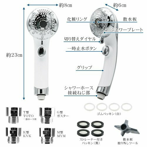 Mark Leon's ヘッドスパシャワーヘッド マイクロナノバブル 6モード調整 止水ボタン付き マッサージモード ミスト噴射 美容 美肌 美髪 頭皮ケア アダプター4種付き (シルバー) biggate-18503393 ビッグゲート サンプル画像2