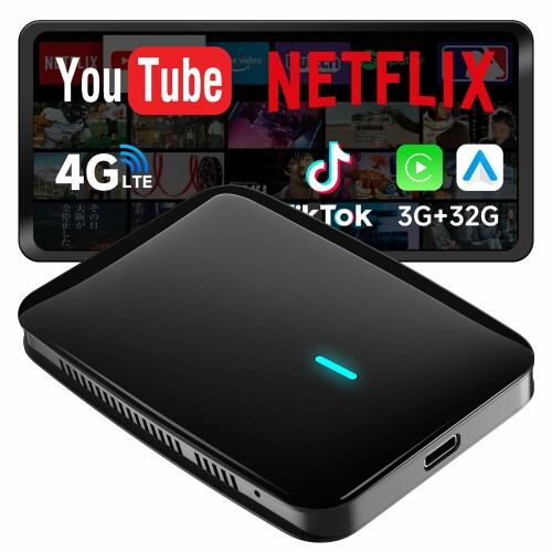 CarPlay AIボックス、Netflix/YouTube/TFカード対応 ワイヤレスCarPlayアダプター、4G LTE内蔵 ワイヤレスAndroid Autoアダプター、フルAndroid搭載 AIボックスCarPlay、AIスキル搭載DriveChat、デュアルWi-Fi/Bl