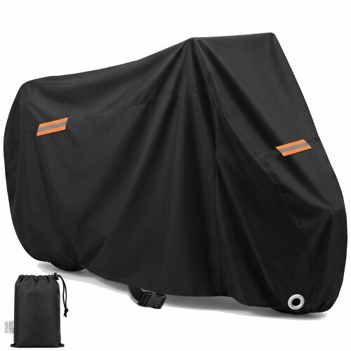 Sutekus バイクカバー 420D厚手 防水 UVカット 屋外用 反射テープ3枚 ロック穴 防風バックル付 265×105×125cm ブラック 【420D 厚手素材採用】一般的な 210D・300D 生地に比べ、テントにも使われる厚手 420D ポリエステルオックスを採用。強度と耐久性に優れ、摩耗しにくい設計です。雨天や雪の日でも愛車をしっかりカバーし、屋外保管でのダメージを抑えます。 【防水・防風性能強化】縫い目に防水テープを施し、針穴からの浸水を抑えます。背面のシルバーコーティングが防水・撥水・UV カットをサポート。底部のゴム仕様と調整バックルで着脱しやすく、強風時の飛散も防ぎます。 【防犯&視認性対策】盗難防止用のロックホールを搭載し、ワイヤー・チェーン・U 字ロックと併用可能です。前後計 3 枚の反射シートを配置し、暗い場所でも視認性を高めます。前部縦・後部横の縫製で前後判別も簡単です。 【コンパクト収納&多車種対応】使わない時は折りたたんで収納バッグにまとめられ、持ち運びに便利です。サイズは 4 種類展開で、ホンダ・カワサキ・ヤマハ・スズキ・ハーレーなど、125cc〜1000cc クラスの多様なバイクに対応します。 【安心のアフターサポート】万が一初期不良やサイズ不適合があった場合、Sutekus が速やかに交換・返品対応いたします。安心してご利用ください。 ※購入前には車体サイズのご確認をお願いいたします。 商品コード34082268344商品名Sutekus バイクカバー 420D厚手 防水 UVカット 屋外用 反射テープ3枚 ロック穴 防風バックル付 265&times;105&times;125cm ブラック型番STK2604-BKサイズ3XL：265*105*125cmカラーブラック※他モールでも併売しているため、タイミングによって在庫切れの可能性がございます。その際は、別途ご連絡させていただきます。※他モールでも併売しているため、タイミングによって在庫切れの可能性がございます。その際は、別途ご連絡させていただきます。
