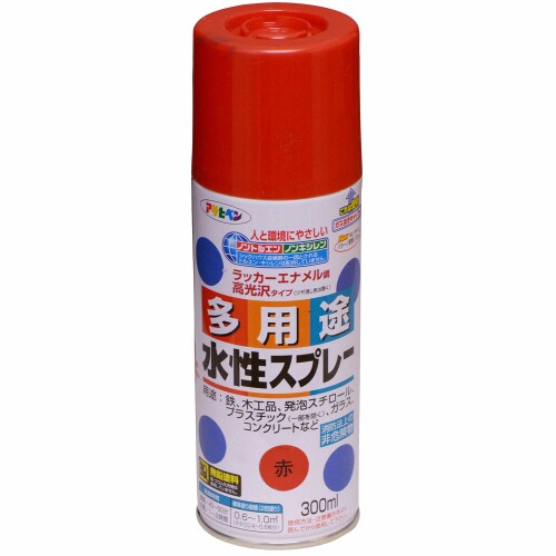 アサヒペン 塗料 ペンキ 水性多用途スプレー 300ML 赤 水性 多用途 スプレー ツヤあり いろいろな物に塗れる だ円吹き パターン変更ノズル ガス抜きキャップ付き 非危険物（消防法上）