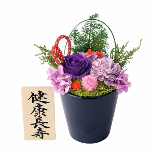 花 プリザーブドフラワー 敬老の日 誕生日 プレゼント 古希 古稀 喜寿 お祝い 咲姫 (紫 パープル) 「健康長寿」木札つき (FUN fun)