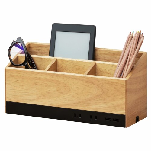 トップランド TOPLAND ペンスタンド ペン立て USB充電付き 電源タップ AC 2口 USBポート 2口 トラッキング防止 天然木 ラバーウッド オーガナイザー ナチュラルウッド 2m M4710P-NW