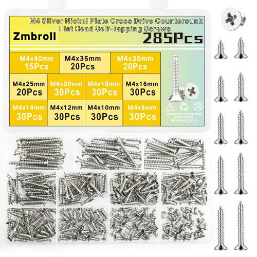 Zmbroll M4 シルバー木ネジ 皿頭セルフタッピングねじ 285個 メトリック M4x8/10/12/14/16/18/20/25/30/35/40mm 木製ファスナー 炭素鋼ねじ 詰め合わせキット
