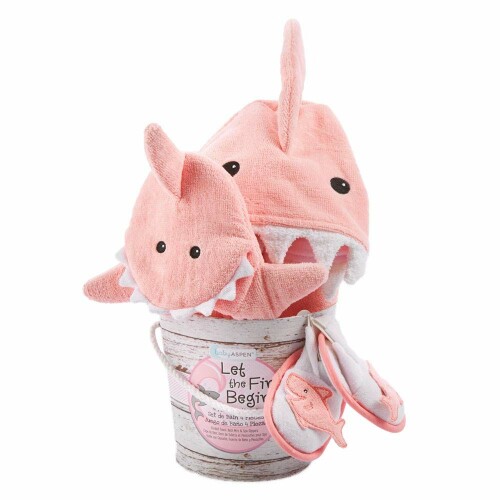 楽天ビッグゲートBaby Aspen（ベビーアスペン） 出産祝い ベビーバス フード付きバスタオル ミトン スリッパ バスポンチョ ベビーバスローブ ベビーバスギフト 3点セット ピンク シャーク