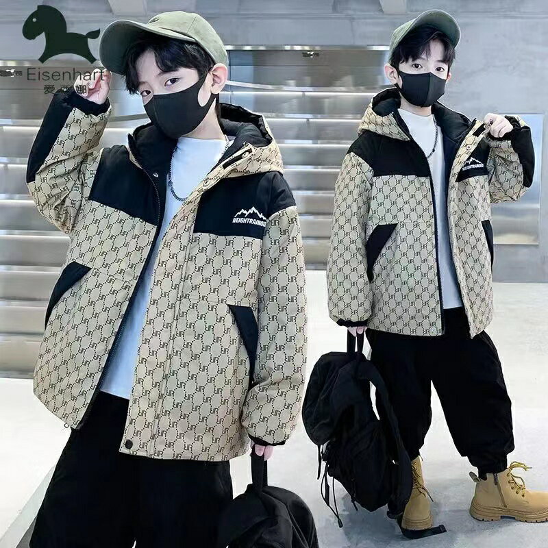 Coat - 中綿ジャケット 男の子 裏起毛 厚手 キッズ 総柄 アウター キッズダウン かわいいコート キッズ中綿コート 子供アウター キッズダウンコート 子供服 ジュニア 防寒 暖かい冬綿コート 中綿コート 中綿アウター 可愛い おしゃれ フード付き 小学生 中学生 KCFC105(2色120-170)