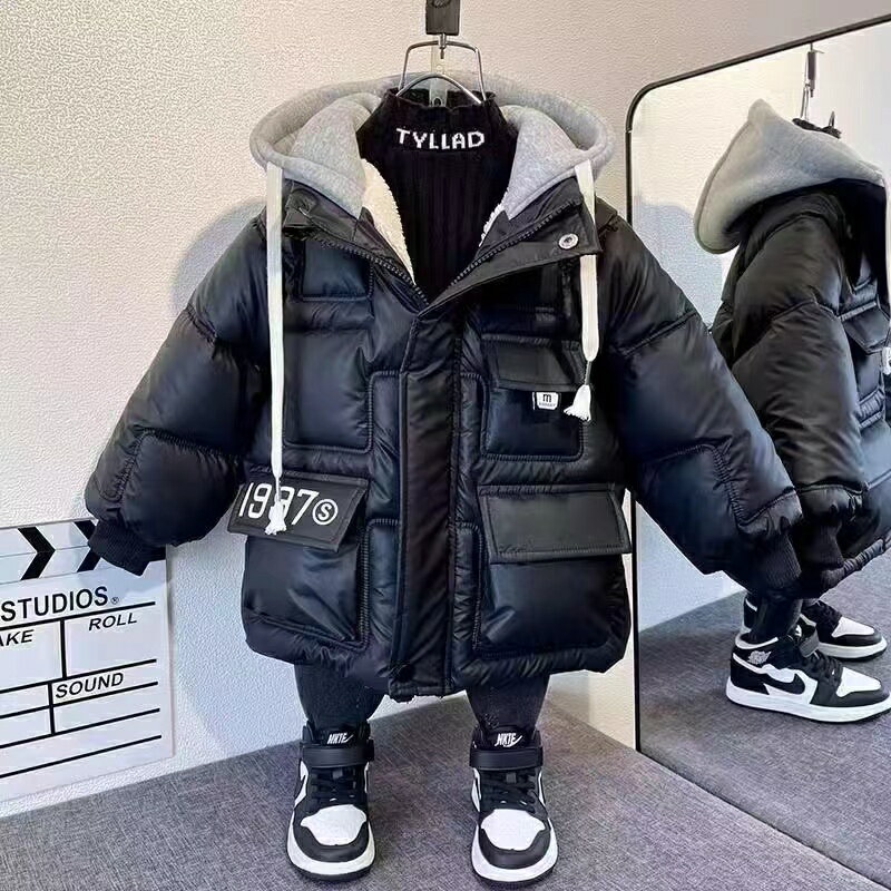 Coat - 中綿ジャケット 男の子 裏起毛 厚手 キッズ 無地 アウター 子供アウター キッズ中綿コート 子供服 ジュニア 防寒 暖かい冬綿コート 中綿コート 可愛い おしゃれ フード付き 小学生 中学生 通学用 KCFC106(2色110-170）