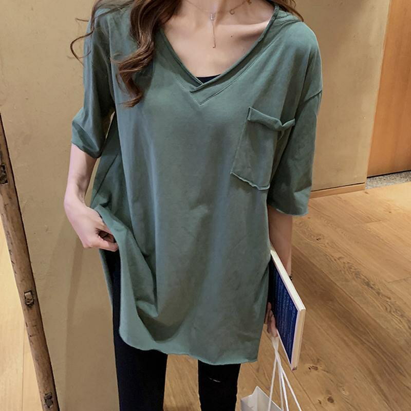 Tシャツ レディース カットソー フード付き トップス オーバーサイズ レディース Vネック 半袖 5分袖 ロングtシャツ 大きいサイズ シンプル 胸ポケット付きTシャツ 韓国風 ゆったり カジュアル ラフ こなれ感 お洒落 オシャレ かわいい М L XL 2XL 3XL RLU044(5色L-XL)