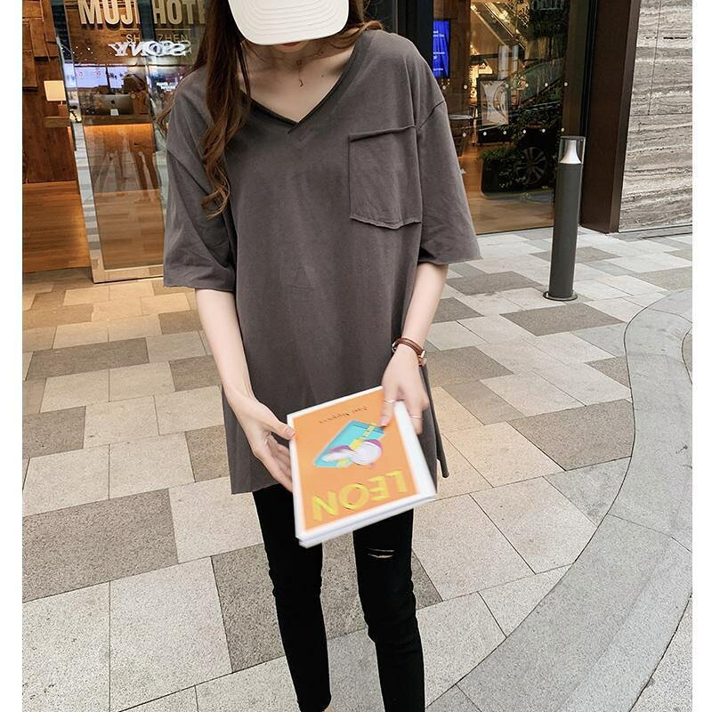 Tシャツ レディース カットソー フード付き トップス オーバーサイズ レディース Vネック 半袖 5分袖 ロングtシャツ 大きいサイズ シンプル 胸ポケット付きTシャツ 韓国風 ゆったり カジュアル ラフ こなれ感 お洒落 オシャレ かわいい М L XL 2XL 3XL RLU044(5色L-XL)