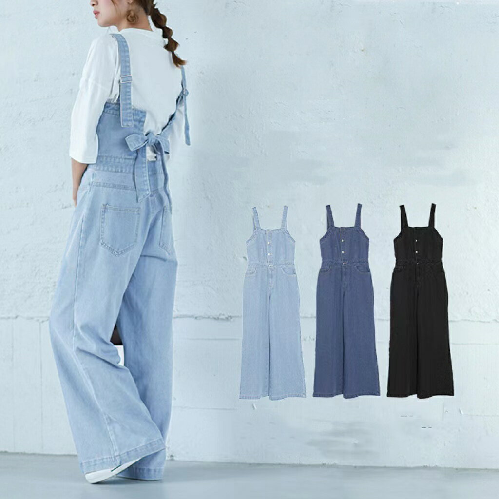 【クーポン利用で半額】オーバーオール レディース バックリボン 春 かわいい サロペット デニム オールインワン サロペットデニム デニムサロペット デニムオーバーオールレディース ゆったり 体型カバー マタニティ服 ブラック ダークブルー ライトブルー M L RLT003