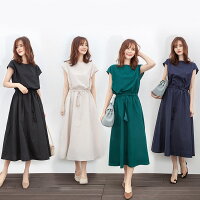 ワンピース きれいめワンピース フレアワンピース ミモレ丈 袖あり フレンチスリーブワンピース 半袖 Uネック ラウンドネック セミフレア 綿麻ワンピース 涼しい Aライン ウエストマーク かわいい 大人可愛い きれいめ シンプル キュート 骨格ウェーブ RLW004(8色M-2XL)