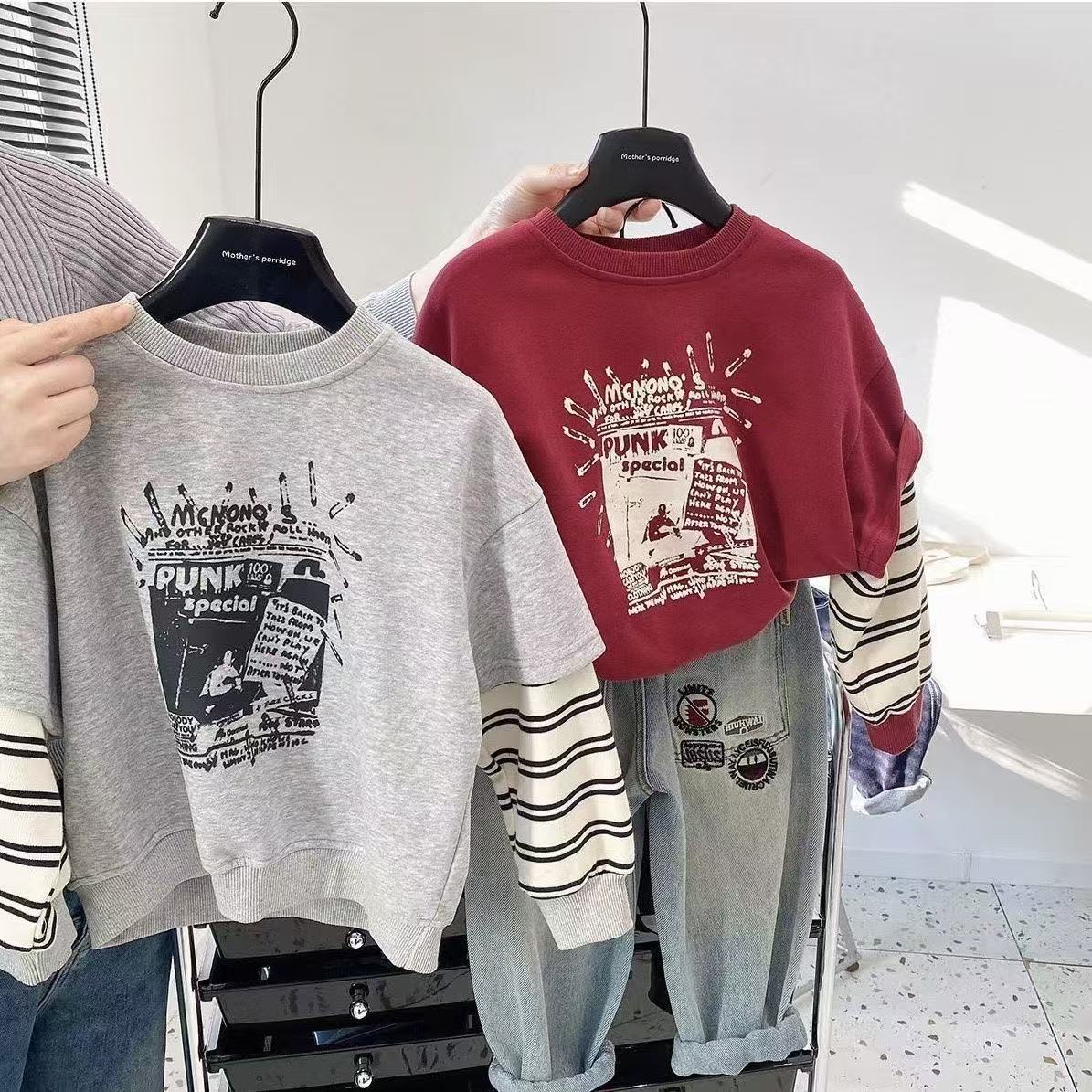 キッズ 男の子 ロンT Tシャツ トレーナー トップス 子供服 子供 ジュニア 春 長袖 ゆったり 重ね着風 レイヤード風 春服 キッズ長袖Tシャツ ジュニアTシャツ キッズロンT 男の子服 かっこいいtシャツ 長袖tシャツ120 子供トレーナー男の子140 130 KUGA069(2色100-150)
