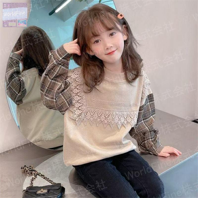 Rakuten - トレーナー 薄手 キッズ チェック柄 重ね着風 子供服 長袖 丸首 トレーナーキッズ レース キッズトレーナー カジュアル 女の子 秋服 春服 ゆったり 可愛い ジュニア 女の子トレーナー140 お出かけコーデ KUGA113(100-160)
