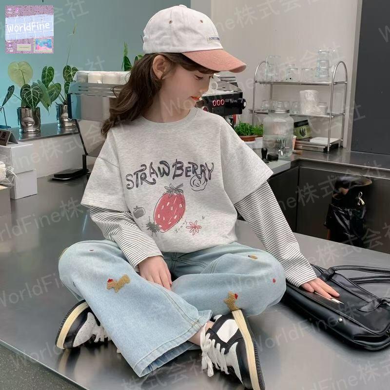 キッズ 子供服 Tシャツ トップス 重ね着風 ロングTシャツ キッズロンT 女の子の服 女の子洋服 ボーダー柄 子供の服 秋Tシャツ 英文字 ロンティー おしゃれTシャツ 女の子秋 女の子 秋 ゆったり 可愛い ジュニア 長袖 薄手 KUGA128(110-170)