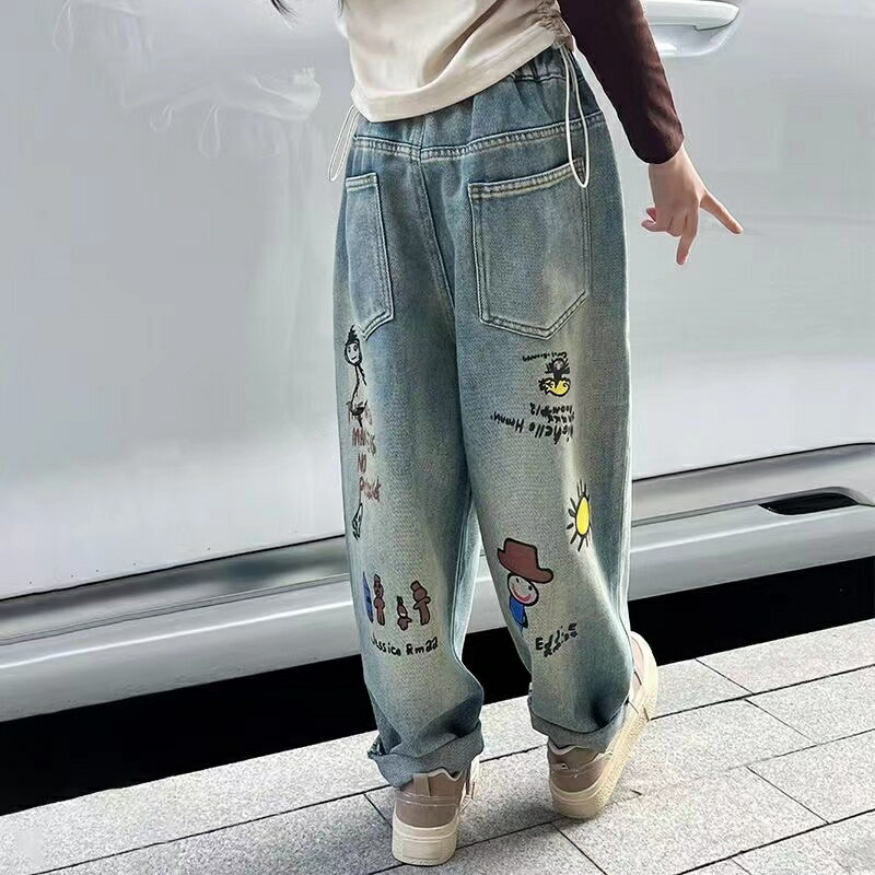 デニムパンツ 女の子 子供服 こども服 キッズ パンツ デニムパンツ ジーンズ ジーパン ズボン ボトムス デニムパンツキッズ 楽ちんデニム ゆったりデニム お洒落デニムパンツ プリント 動きやすい 楽ちん ウエストゴム オールシーズン ゆったり KTFC055(120-170)