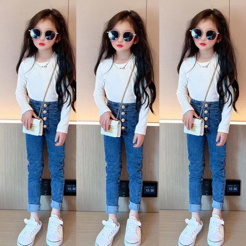 Rakuten - デニムパンツ 女の子 子ども服 子ども ストレッチ ジーンズ ズボン ハイウエスト キッズ おしゃれ 伸縮性 長ズボン デニム 通学着 旅行 お出かけ 子供パンツ KTFC071(110-150)