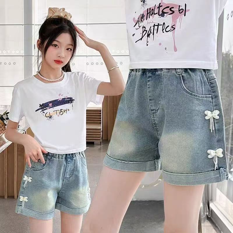 Short Pants - デニムパンツ ショートパンツ 夏 子供服 女の子 薄手 デニムショートパンツ カジュアル デニム リボン ジュニア ゆったり 夏 ウエストゴム おしゃれ 夏服 ズボン 短パン デニム短パン アメカジ ジュニア 可愛い ウエストゴムデニム デニムパンツ130 KTGA081(90-170)