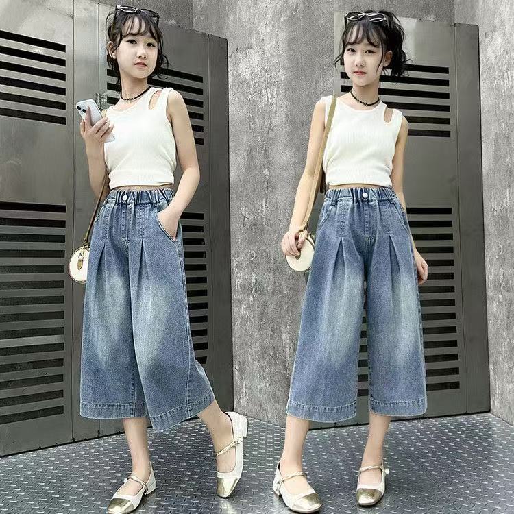 Long-Trousers, Trousers - キッズ デニムパンツ ワイドパンツ 夏 子供服 女の子 子供 薄手 七分丈 デニムワイドパンツ カジュアル デニム ゆったり 夏 ウエストゴム おしゃれ 夏服 ズボン ジュニア 可愛い タック入り 七分丈パンツ 七分丈デニムパンツ ズボン女の子 女の子160 KTGA086(110-180)