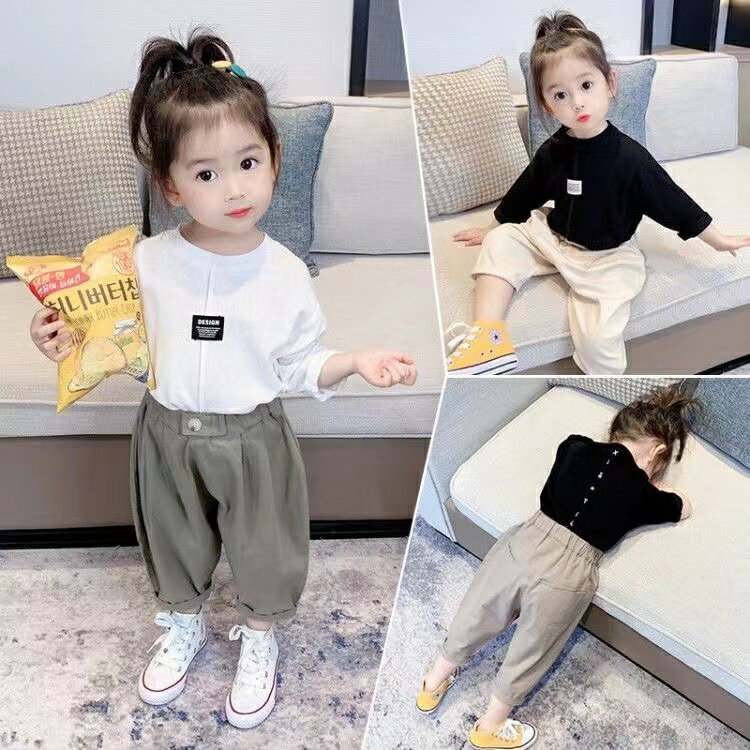 Rakuten - 上下セット セットアップ キッズ 長袖 パンツ セット Tシャツ+長ズボン 2点セット シンプル 無地 幼稚園 小学生 中学生 子供服 女の子 おしゃれ かっこいい ファッション 春 秋 KSFC134(3色90-130)