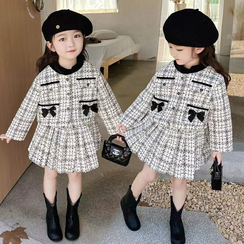 キッズ 子供服 ジャケット スカート 2点セット 入園式 入学式 卒園式 チェック柄 セットアップ 春 長袖 ツイードジャケット 子供服可愛い 女の子セットアップ 子供ワンピースフォーマル ツイードスカート セットアップ 丸襟 女の子 結婚式 可愛い チェック KSFD006(90-140)