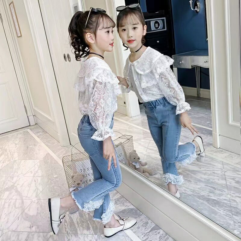 Rakuten - セットアップ ガールズ 女の子 キッズ 上下セット シャツ+ジーンズ デニム レース 普段着 子供服 セットアップ 長袖 長ズボン お出かけ 遠足 春着 秋着 KSGA011(2色110-160)