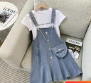 キッズ 子供服 セットアップ Tシャツ ジャンパースカート 2点セット 春夏 デニムスカート ジャンスカ 可愛い デニムワンピース ジャンパースカート 女の子 サロペットスカート おしゃれワンピース サロペットワンピース ゆったり 半袖 キッズサロペット KSGA013(140-170)