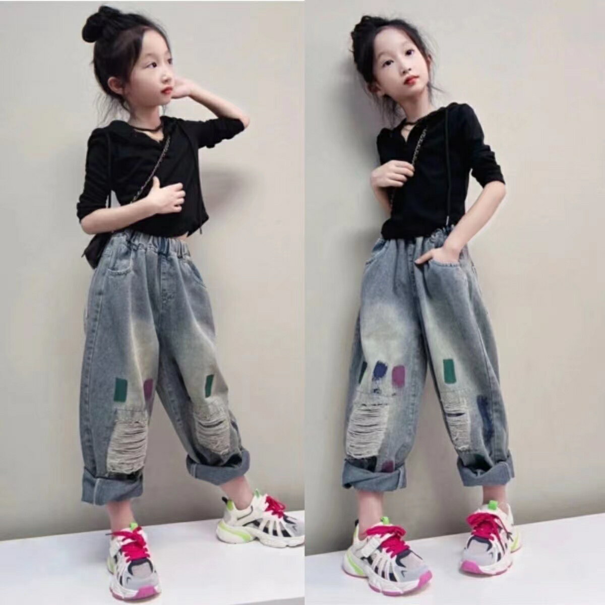 キッズ 子供服 セットアップ Tシャツ ジーンズ 2点セット 夏 上下セット ダボパンツ 女の子 デニム ダメージパンツ 半袖 おしゃれ 大人っぽい 可愛い ゆったりデニム キッズおしゃれパンツ 女の子小学生服 トップス ボトムス 誕生日プレゼント メンズライク KSGA023(120-170)