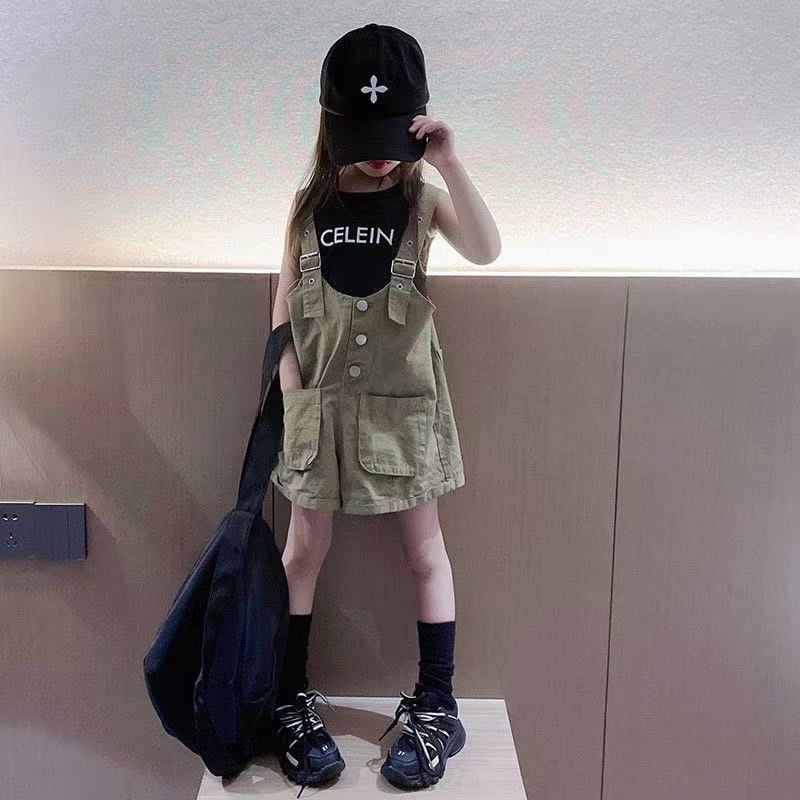 Rakuten - 子供服 上下セット セットアップ タンクトップ オーバーオール 2点セット 夏 サロペット ハーフ パンツ キッズ 女の子 デニムパンツ ジーンズ おしゃれ 可愛い ゆったり カジュアル 薄手 ハーフデニムパンツ キッズサロペット 子供オーバーオール KSGA070(2色90-160)