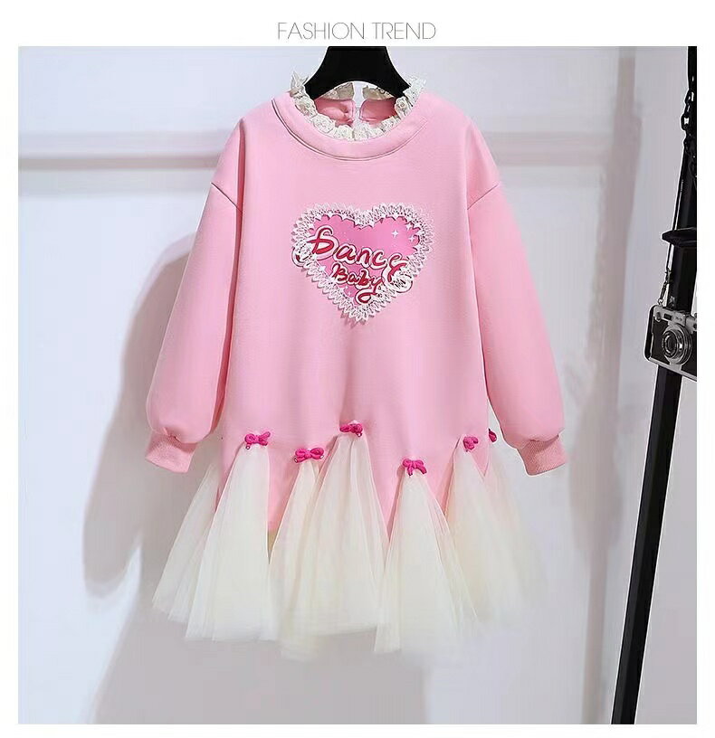 キッズ ワンピース チュールワンピース 春服 秋服 冬服 異素材 ワンピ ワンピース 女の子 春 秋 ゆったり ハート柄 可愛い ジュニア 長袖 チュール こども 子ども ジュニア プリンセス かわいい KWFC093(120-170)