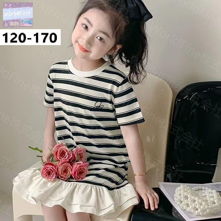 Rakuten - ワンピース キッズ 女の子 半袖 子供服 裾フリル Tシャツワンピース ボーダー柄 切り替え チュニック かわいい 夏服 カジュアル おしゃれ 韓国子供服 春 夏 ガールズ 小学生 幼稚園 通学 KWHA005(120-170)