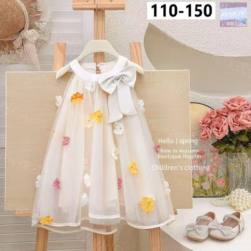 キッズ 女の子 ノースリーブ ワンピース チュール 立体花 リボン ホワイト プリンセス風 夏服 子供服 可愛い KWHA022(2色110-150）