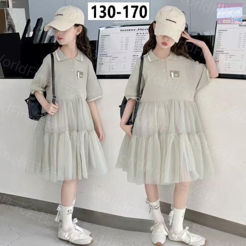 Rakuten - キッズ 女の子 半袖 ワンピース ポロ襟 チュール 切り替え ジュニア 夏服 子供服 カジュアル 可愛い KWHA024(130-170）