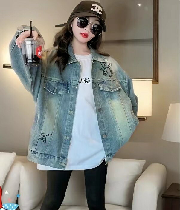Coat - 子供服 子ども服 こども服 キッズ デニムジャケット Gジャン ジージャン デニムコート 上着 ウサギ柄 アウター 春 秋 羽織り 女の子 ガール カジュアル ジュニア KCFC025(120-170)